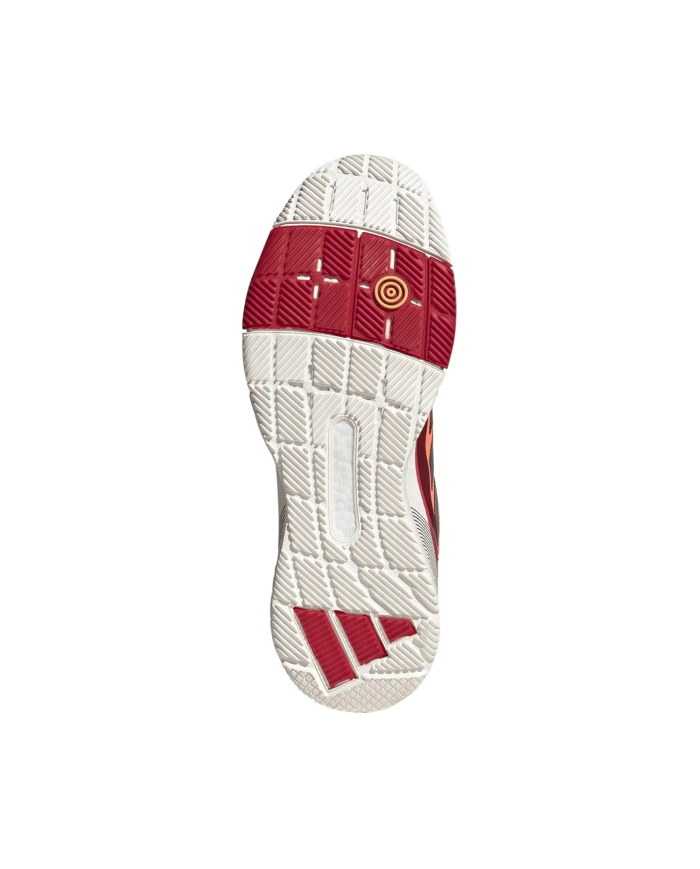 Scarpa da padel Adidas Crazyquick Boost arancione, vista fondo con battistrada bianco-rosso e superficie antiscivolo.