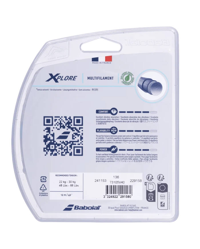 Babolat Xplore 12M Blu: confezione trasparente con etichetta prodotto, logo Xplore Multifilament e codice a barre.