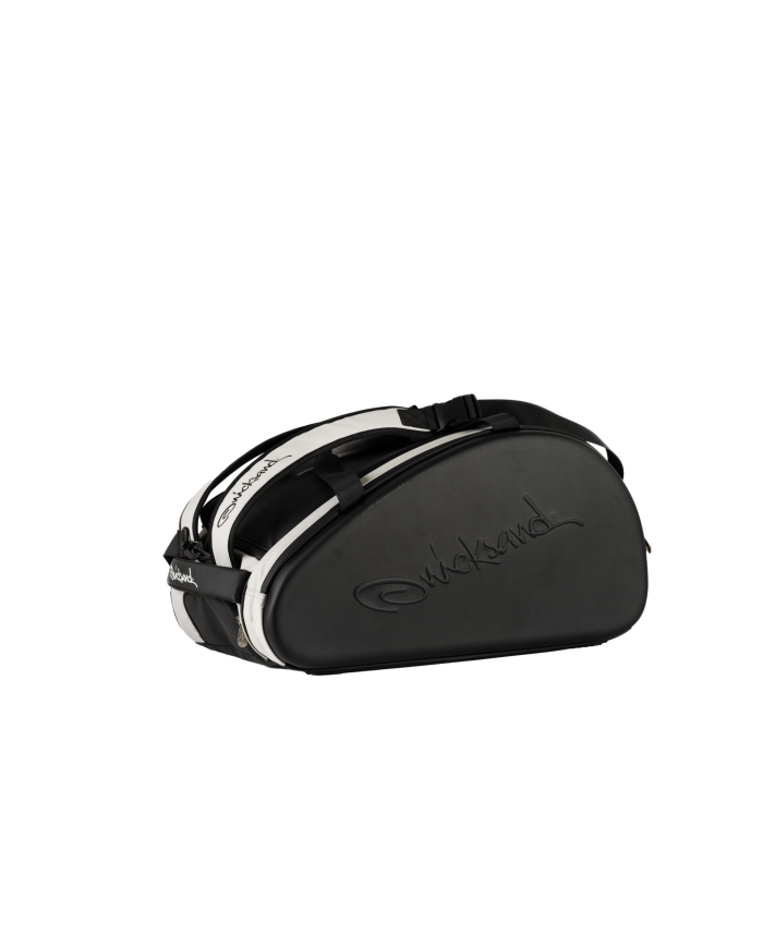 Borsa da una spalla Quicksand Luxury nera con cinghie bianche, grande corpo rigido ovale e logo ricamato.
