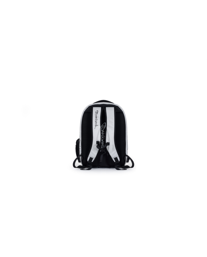 Zaino sportivo Quicksand Zaino Luxury, fronte bianco e nero con spallacci imbottiti e bordi chiari, sistema di cinghie rosse.