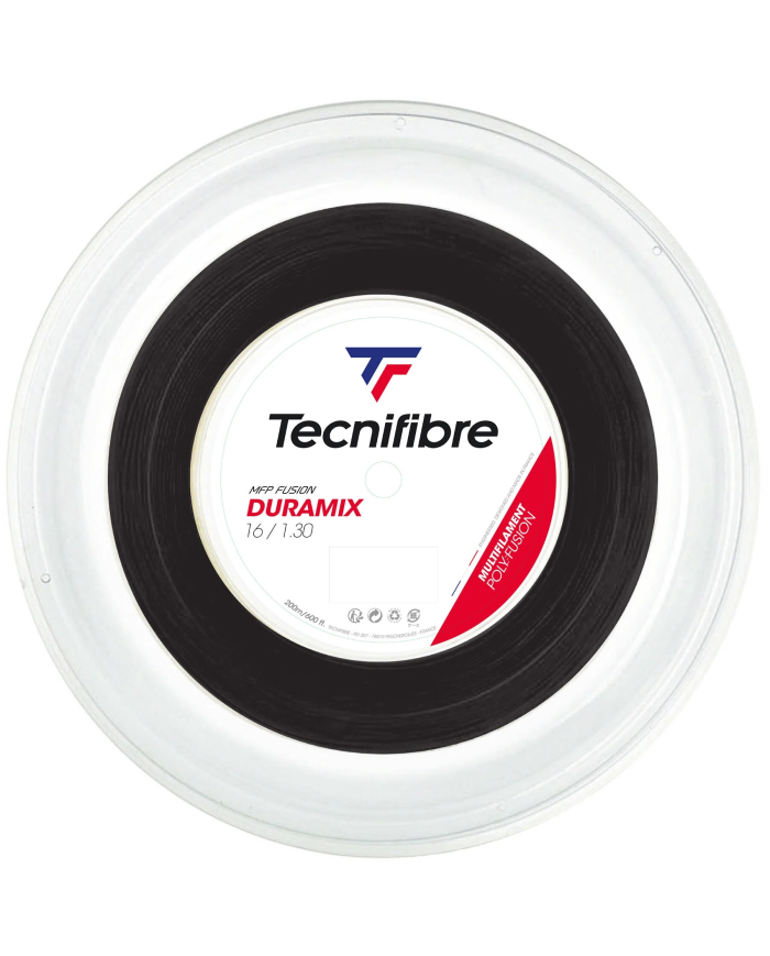 Tecnifibre Corda Duramix HD Black 200M - bobina di corda da tennis nera con etichetta bianca e logo Tecnifibre.