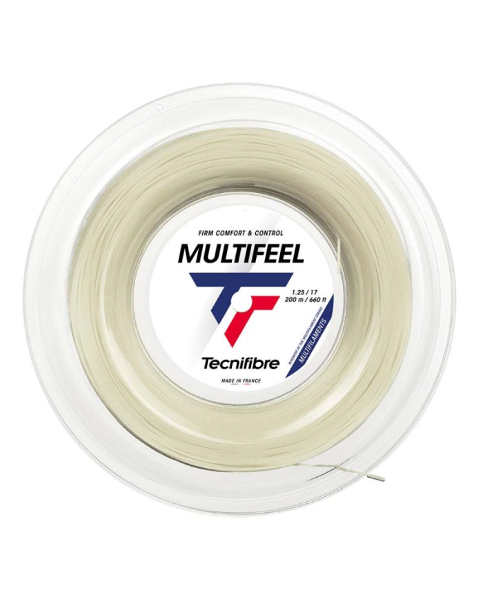 Bobina di filamento tennis Tecnifibre Multifeel Natural 200M con etichetta centrale "Multifeel" e colore naturale, estremità del