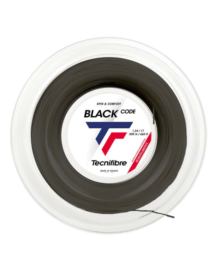 Bobina di corde da tennis Tecnifibre Black Code 200M con etichetta centrale, color nero e marchio Tecnifibre.