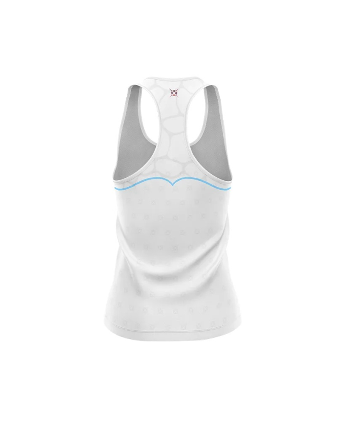 Canotta sportiva bianca Heroe's Canotta Asterope White con apertura racerback e toppini grigi, dettagli azzurri in vita.