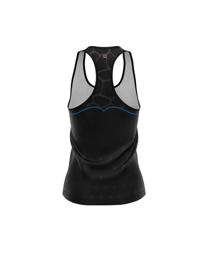 Top da donna Heroe's Tank Top Asterope Black, dorso a goccia, nero con inserti traspiranti grigio-argento e cuciture blu.