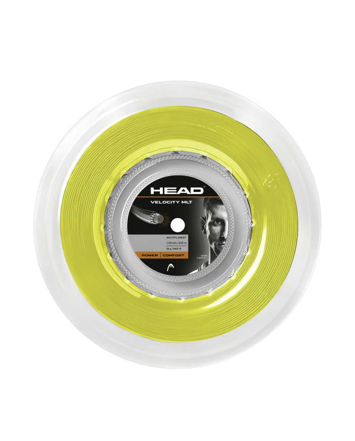 Lato frontale di un monofilo da tennis giallo neon Head Velocity MLT 200m, boa colore giallo vivo con etichetta centrale.
