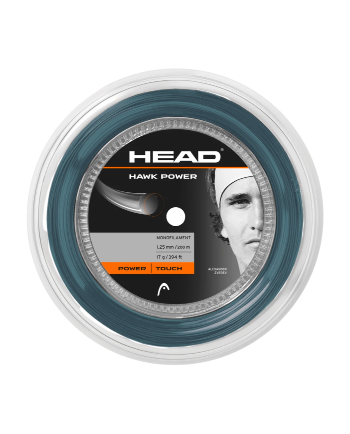Bobina monofilamento HEAD Hawk Power 200 M in colore blu-trasparente, etichetta nera con testo e grafica tonda, parte frontale.