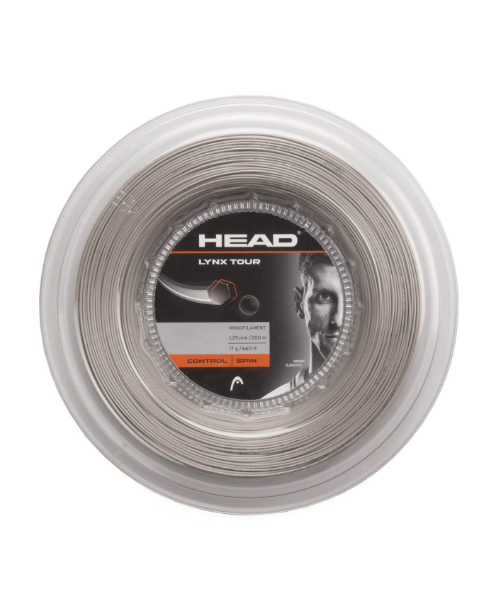 Bobina di corde per racchetta da tennis Head Lynx Tour 200 M beige, monofilamento, etichetta nera con foto e logo HEAD.