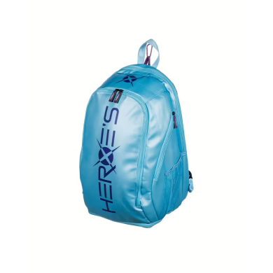 Light blue nylon backpack with Hero's Gravity Show 2026 logo, front pocket, compartments and connected patch, side with mesh.