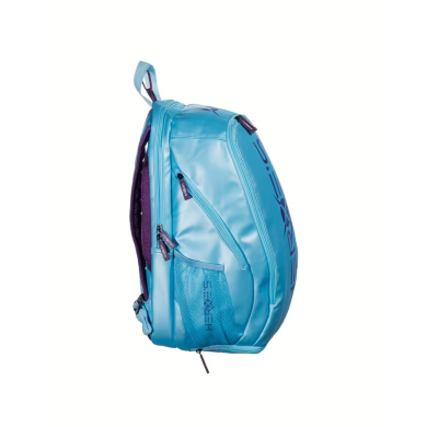 Heroe's Gravity Show 2026 shiny blue backpack, side pockets, black zips, side mesh, synthetic material bag, handle