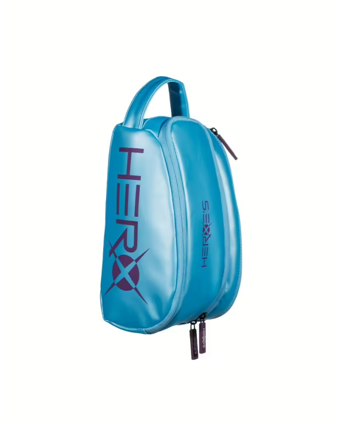 Borsa da toilette azzurra HEROE'S WASH BAG SHOW, a zip con manico, logo Heroe's in viola sul fronte.