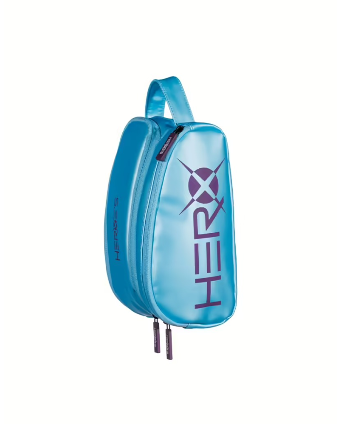 Herre's Wash Bag Show: zaino/porta-oggetti azzurro brillante con grande lettering HEROX, fodera lucida e cerniere nere, logo su