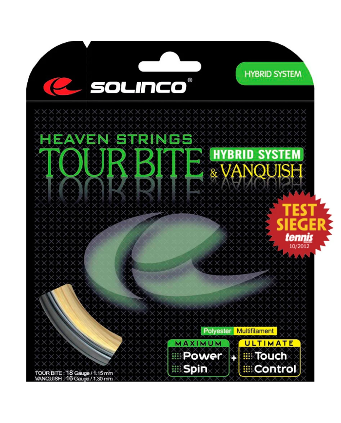 Solinco Tour Bite Set 13,1 M Gris/Naturel : cordage hybride pour tennis, design noir avec détails verts, logo Solinco et