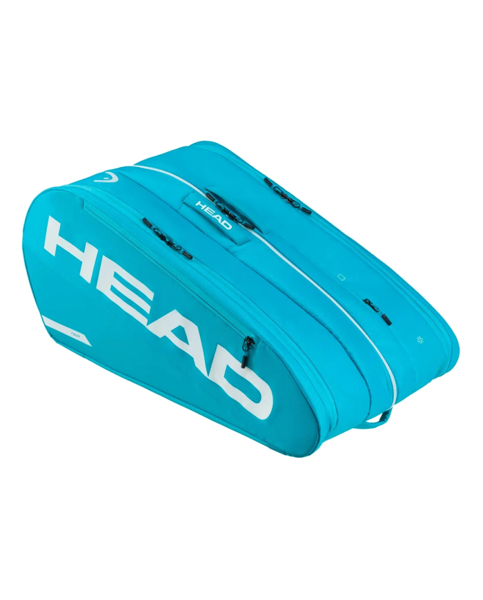 Borsa da tennis Head Tour XL Blu con grande logo bianco, tasche laterali e maniglie, stile aerodinamico.