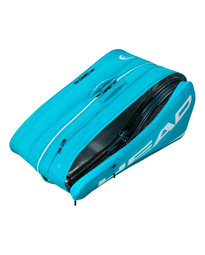 Zaino/borsa tennis Head Bag Tour XL Blu aperto per mostrare sacca tennistica con trolley e racchette nere all'interno, tonalità