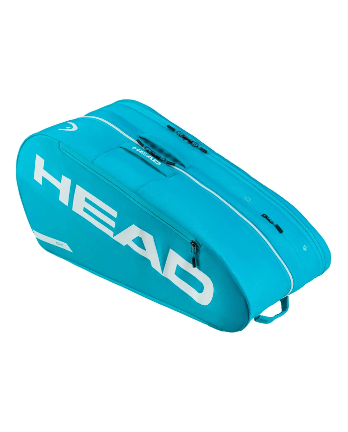 Borsa da tennis Head Tour L Blu, formato tondeggiante, grande logo HEAD bianco sui lati, molte cerniere e maniglie.