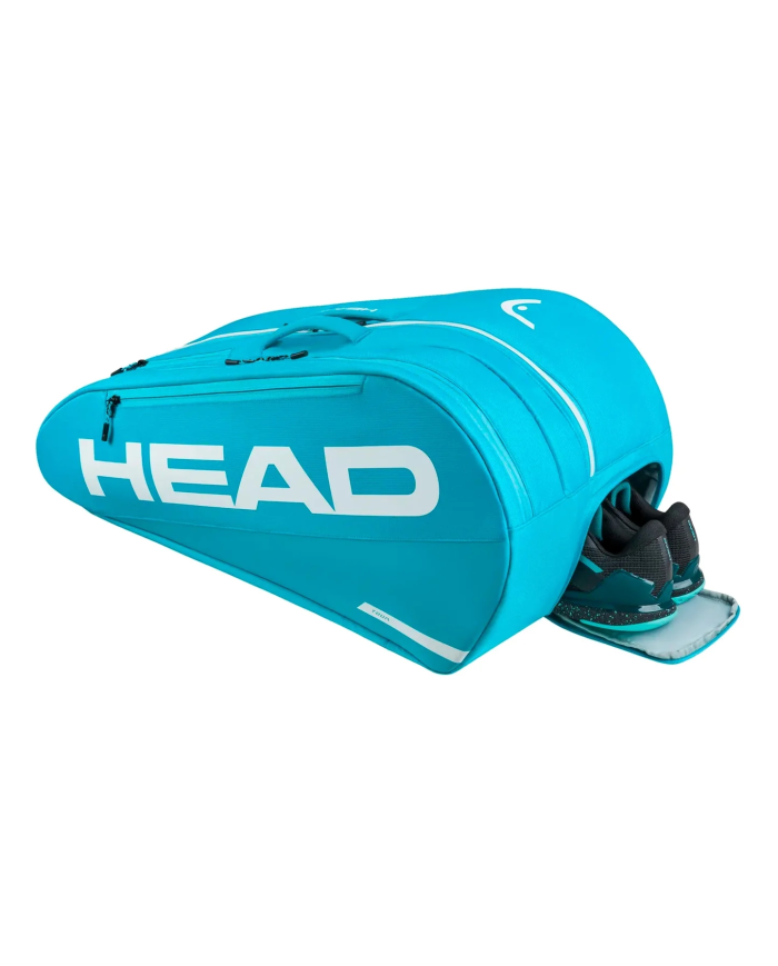Borsa da viaggio sportiva Head Tour L Blu con tasche laterali e scarpe contenute nello scomparto laterale.