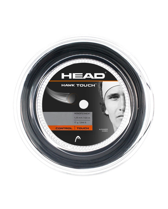 Filo monofilamento nero Head Hawk Touch 200 M Black, etichetta rotonda con testo Head, Hawk Touch e immagine di uomo, diametro 1