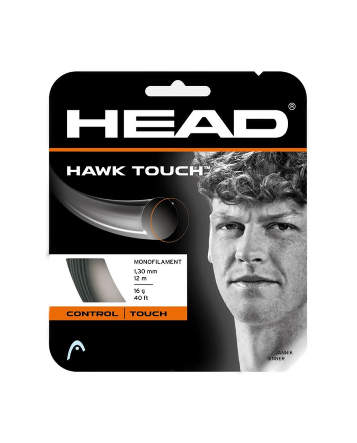 Contenitore di fili monofilamento Head Hawk Touch Anthracite Set 12M, confezione nera con logo HEAD e immagine di uomo, dettagli