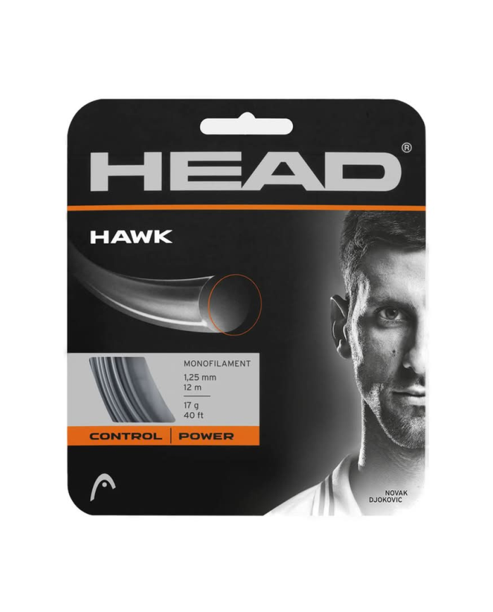 HEAD Hawk Black Set 12M: confezione con retta monofilamento, grafica nera, dettaglio tondo arancione e testo CONTROL | POWER.