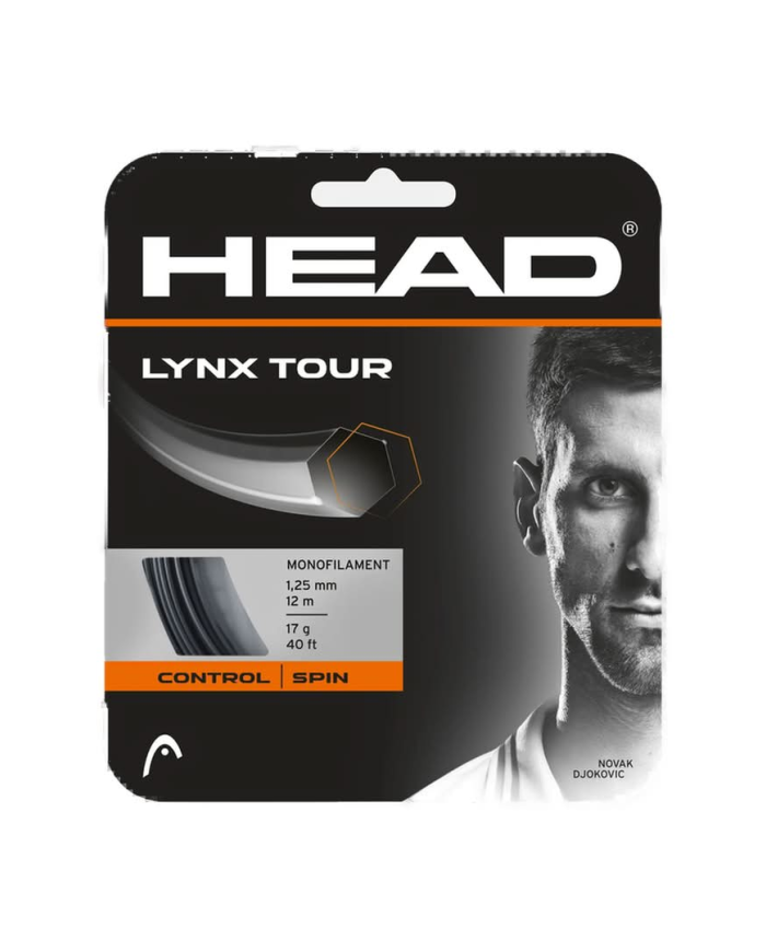 HEAD Lynx Tour Black Set 12M: confezione con logo HEAD, grafica nera/orange, ritratto parziale di atleta e dettagli tecnici (mon