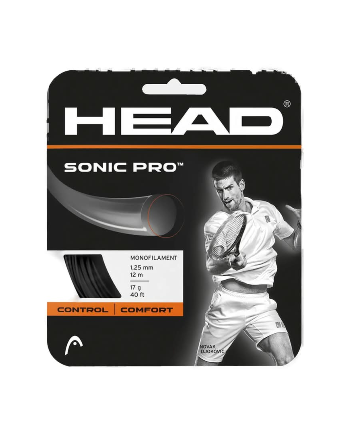 Head Sonic Pro Black Set 12M: confezione di corde monofilamento per tennis, con grafica nera/orange e atleta in azione sulla con
