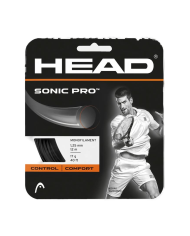 Head Sonic Pro Black Set 12M: confezione di corde monofilamento per tennis, con grafica nera/orange e atleta in azione sulla con