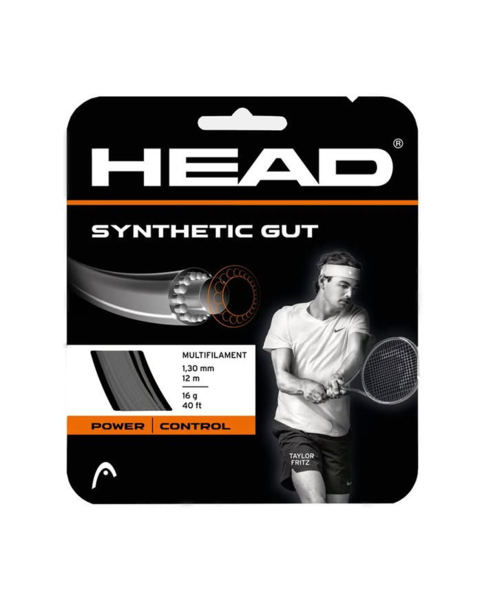 HEAD Synthetic Gut Black Set 12M: confezione con grafica sportiva, testo "SYNTHETIC GUT" e atleta sul fronte.