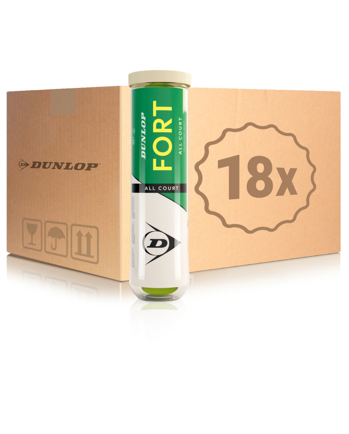 Scatola di Dunlop Fort All Court 18x insieme a una scatola di cartone.