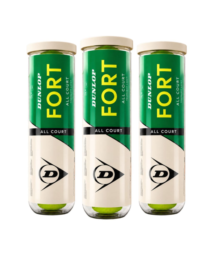 Tre tubi di palline Dunlop Fort All Court bianche e verdi, set da 4PET ciascuno.