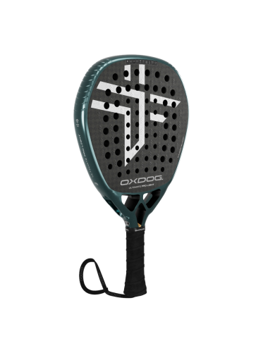 Pala da padel Oxdog Ultimate Pro Light 2027 con impugnatura nera e testa verde scuro, superficie perforata nera con logo bianco