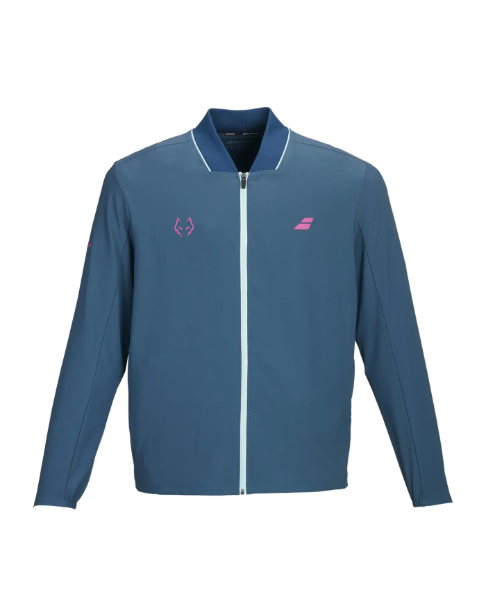 Giacca blu Babolat Lebron 2027 con zip frontale, dettagli rosa e logo sul petto.