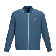 Giacca blu Babolat Lebron 2027 con zip frontale, dettagli rosa e logo sul petto.