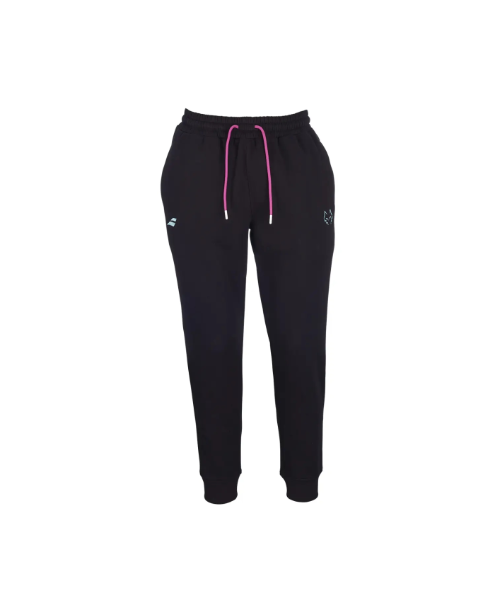 Pantaloni jogger neri con cinturino rosa, coulisse frontale e bordi elasticizzati.