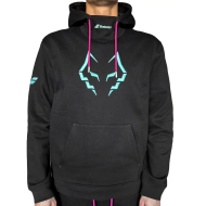 Felpa nera con cappuccio Babolat Hood Sweat J. Lebron 2027, design neon sul petto e lacci rosa.