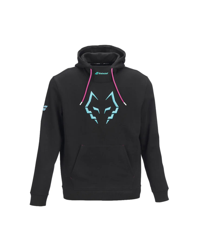 Felpa nera con cappuccio Babolat Lebron, logo stilizzato azzurro al centro e lacci fucsia.