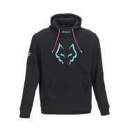 Felpa nera con cappuccio Babolat Lebron, logo stilizzato azzurro al centro e lacci fucsia.
