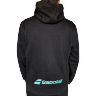 Felpa nera con cappuccio vista da dietro, logo azzurro Babolat sul fondo.