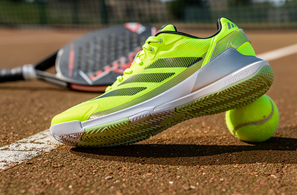 Scarpa da padel Adidas giallo fluo su campo da padel con racchetta e pallina