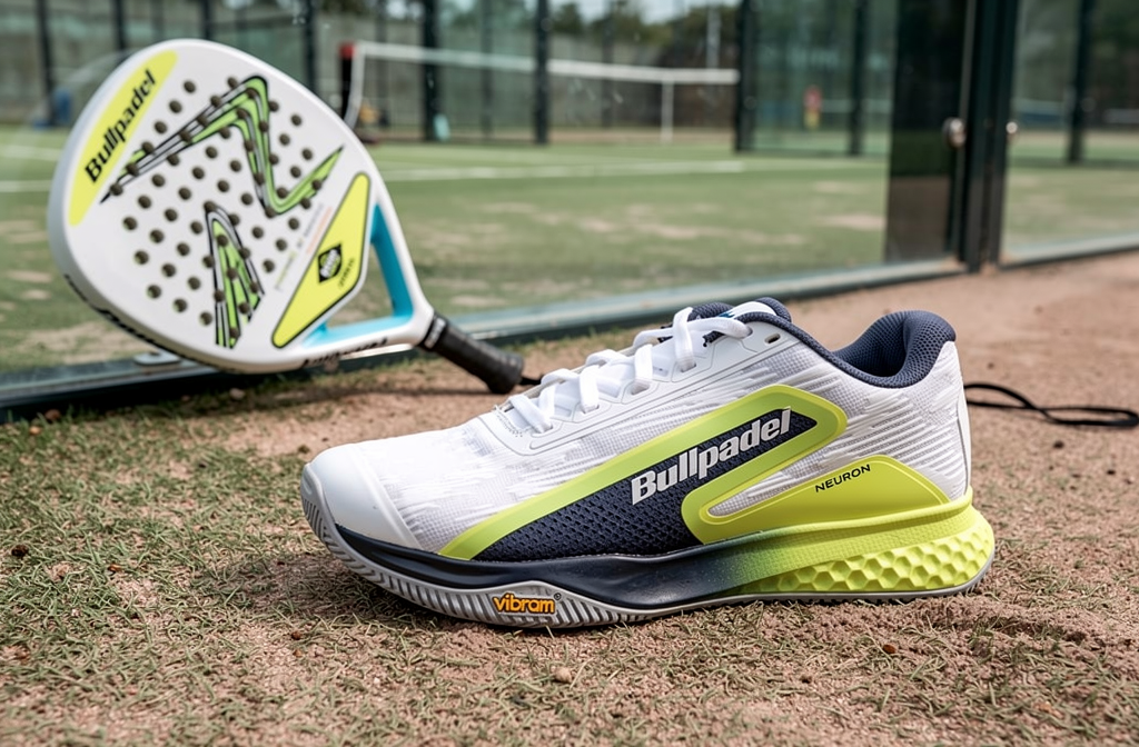 Scarpa da padel Bullpadel Neuron su campo in erba sintetica con suola Vibram in primo piano.