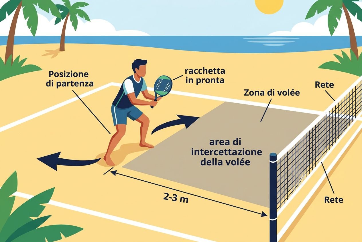 Allenatore in campo a beach tennis pronto a servire, con campo di gioco, rete e aree di interdizione per la volée e lo smash. Colpi fondamentali beach tennis in evidenza.
