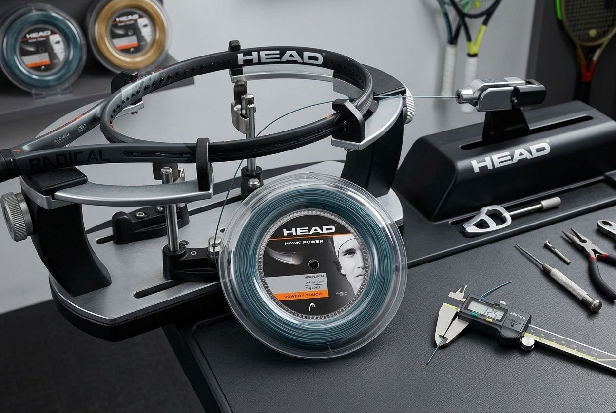 Calibro corde tennis: bobina di corde HEAD sul tavolo con strumenti di misurazione e tensionatrice pronta all’uso.