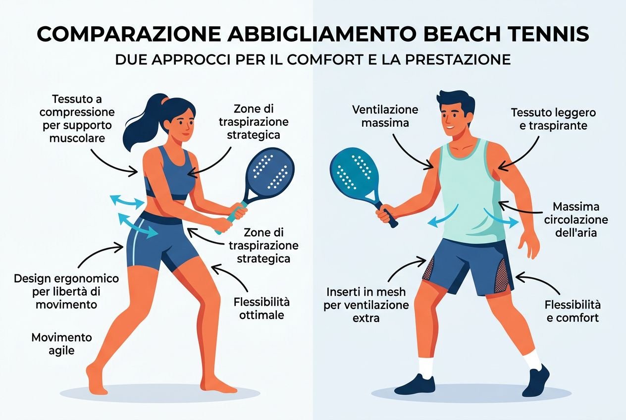 Comparazione abbigliamento beach tennis: due giocatori in abiti sportivi, pallae da beach tennis, indicazioni su tessuti, ventilazione e comfort durante il movimento. come vestirsi per il beach tennis integrato naturalmente.