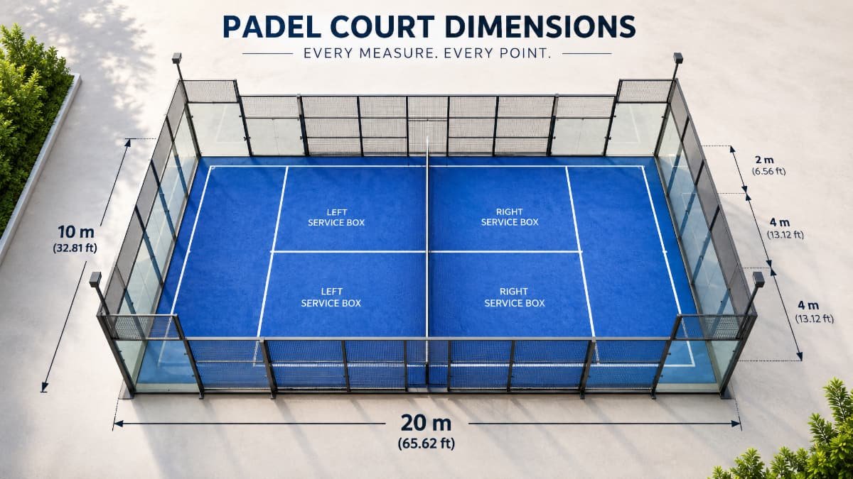 Dimostrazione di un campo da padel dimensionato: superficie blu con linee bianche, rete centrale e quattro box di servizio, misura esterna 20x10 m.
