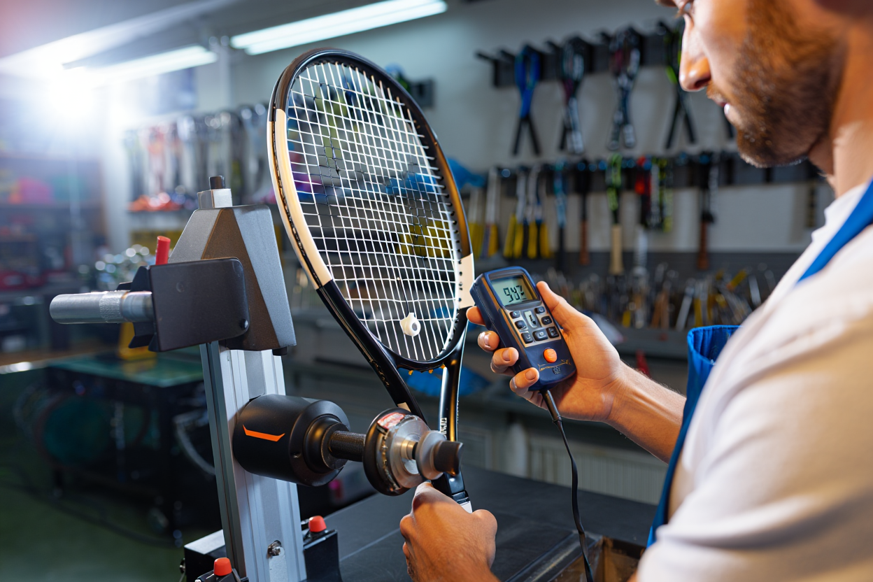 Tecnico che incorda una racchetta da tennis