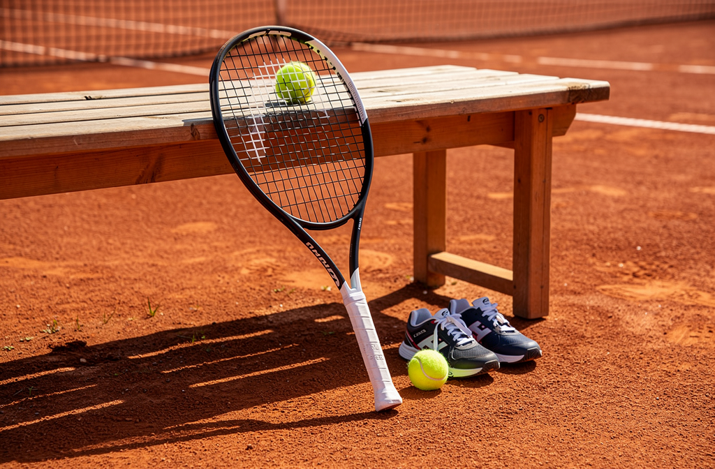 Racchetta da tennis junior appoggiata a una panchina sul campo in terra rossa.