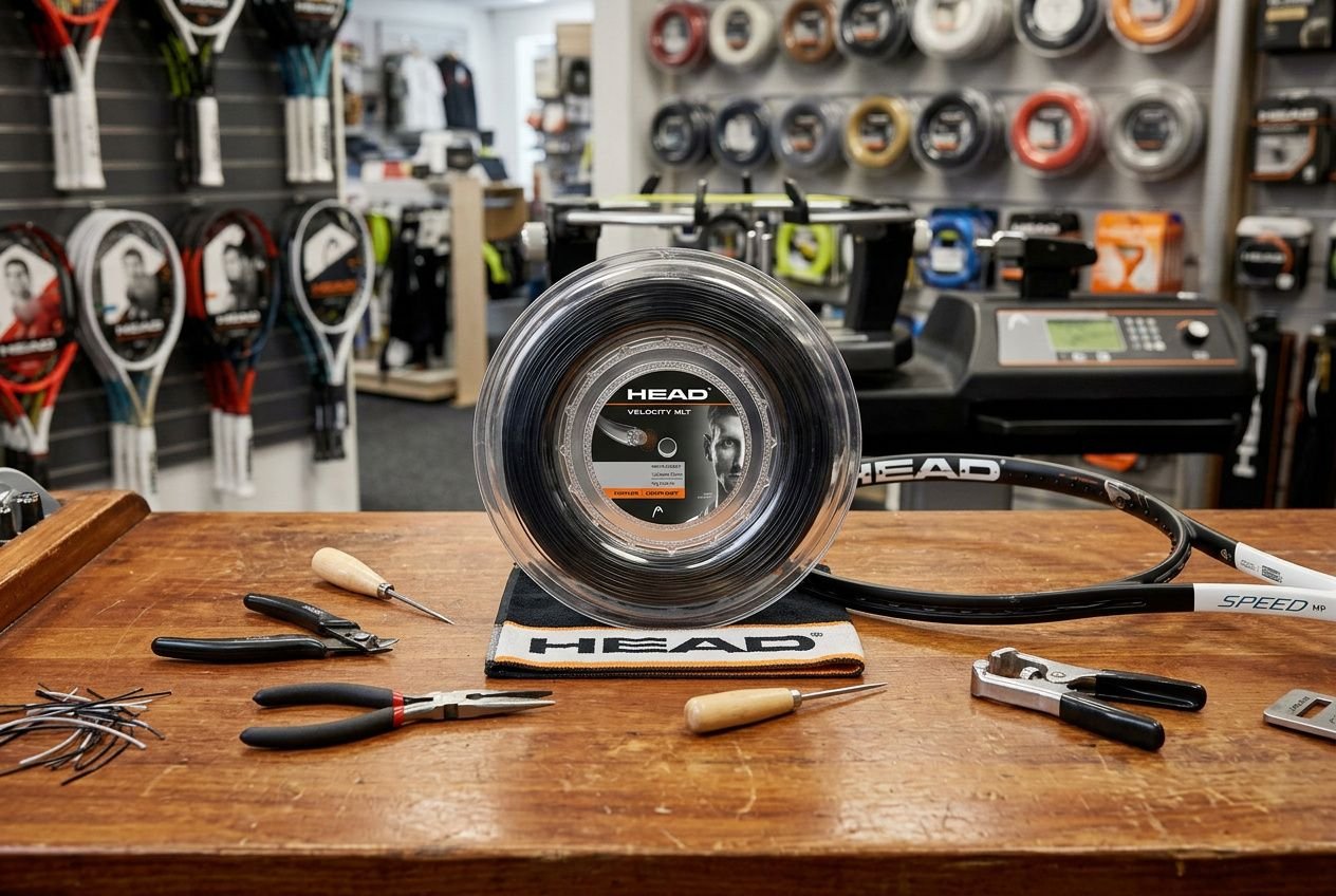 Qualità e potenza: una bobina di corde multifilamento Head per tennis, con strumenti da manutenzione e una rete di gomme e accessori sul banco.