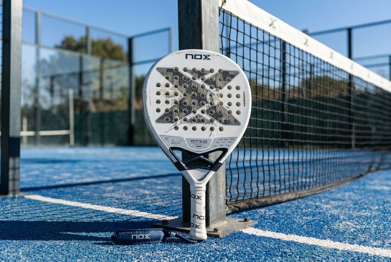 Racchetta da padel NOX appoggiata al palo della rete su un campo da padel all'aperto.