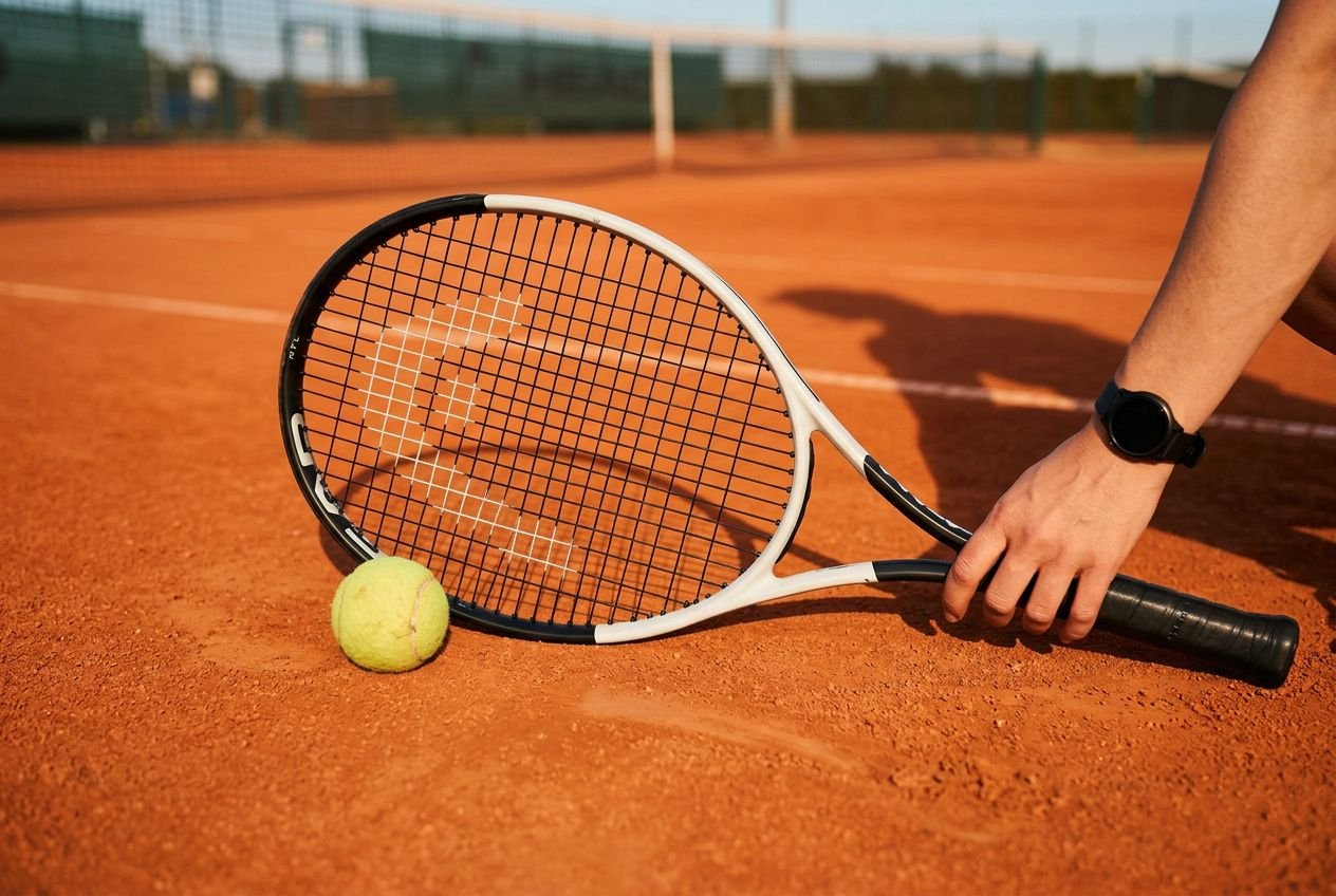 Racchetta da tennis appoggiata su un campo in terra rossa con una pallina da tennis accanto.