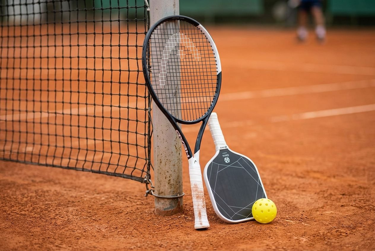 Racchetta da tennis appoggiata al palo della rete su un campo in terra rossa, con una racchetta da pickleball e una pallina accanto.